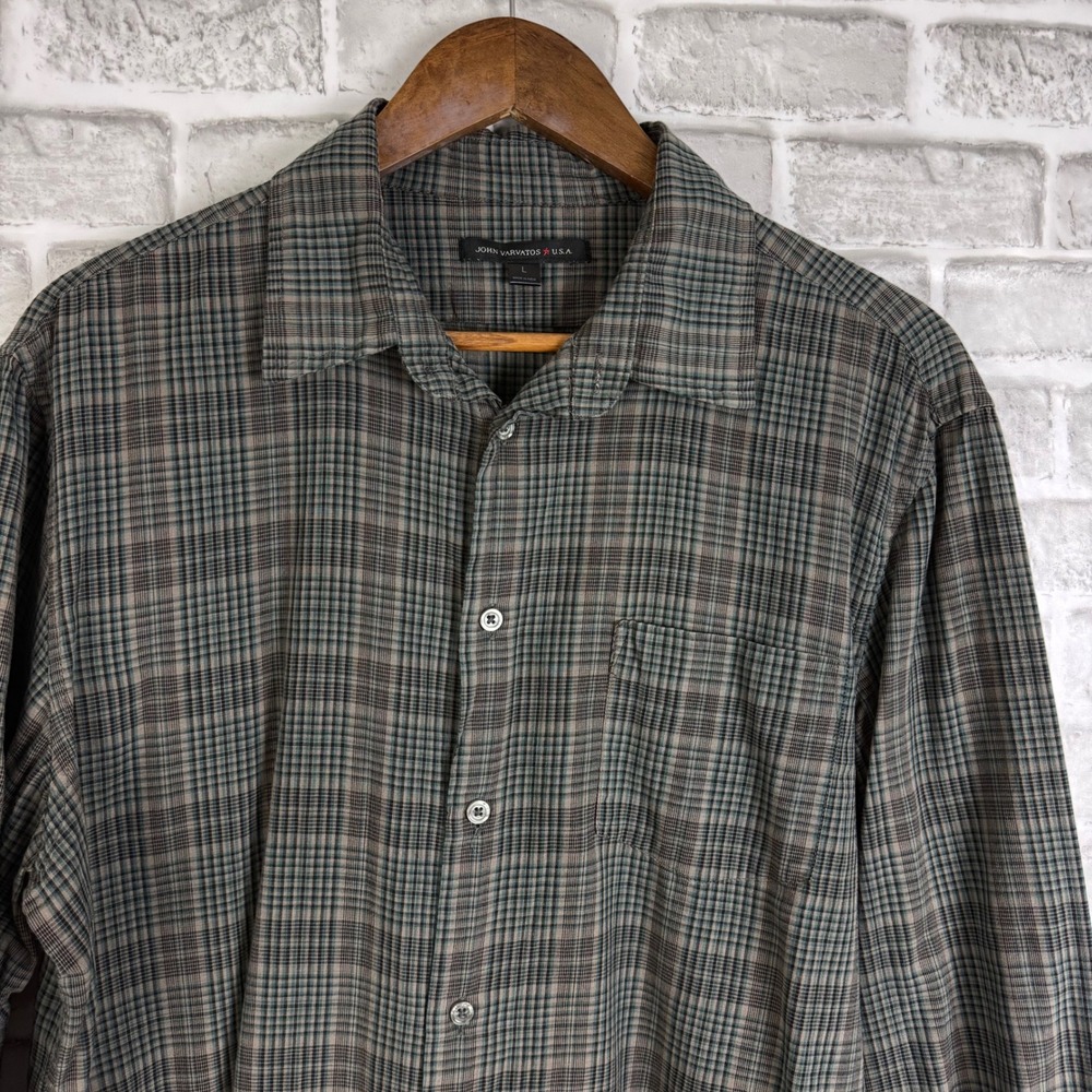 John Varvatos USA Mens Grey Green Plaid Cotton Button Down Shirt LARGE W373Q3B
